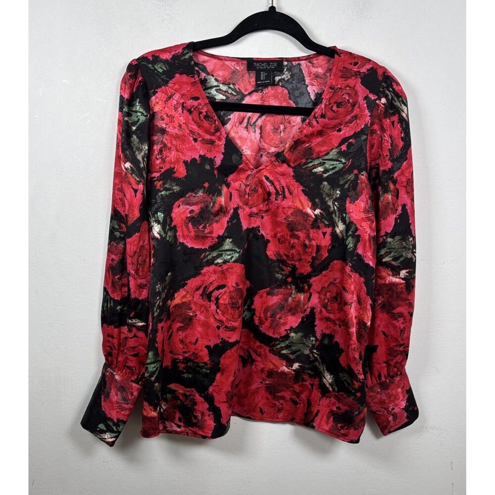 Rachel Zoe Red Rose Floral Peplum Blouse Romantic Chic Long Sleeve Top Size S
